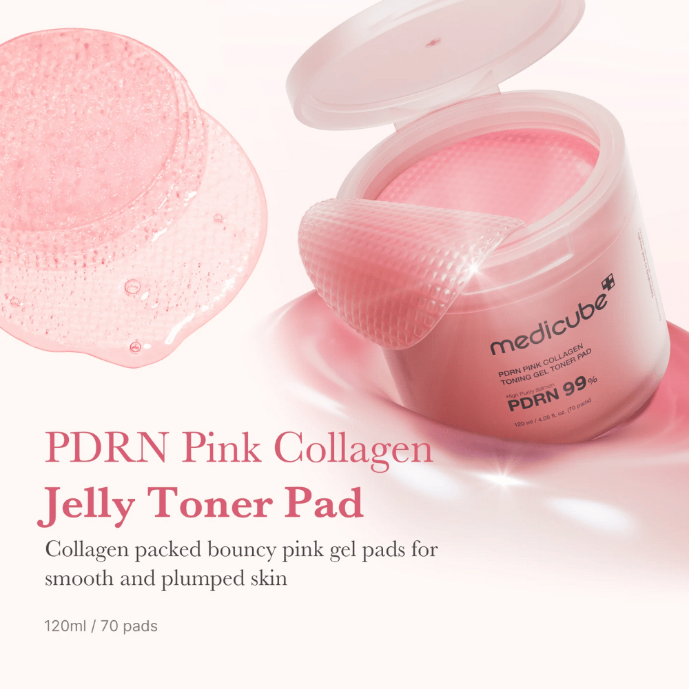 Barattolo aperto con Medicube PDRN Pink Collagen Jelly Tonico viso Pads, con un pad in gel rosa rialzato e testo che descrive il contenuto di collagene per una pelle liscia e idratata.