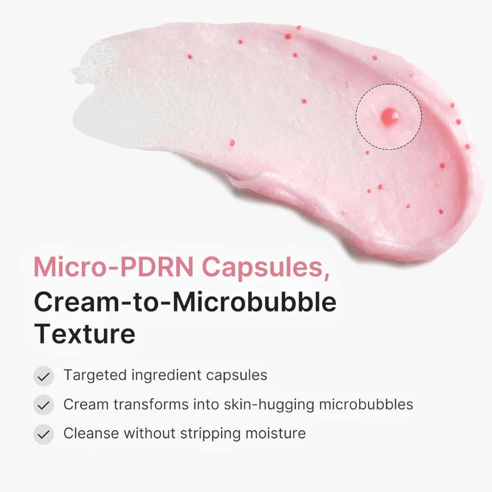 Detersione cremosa con capsule di PDRN che si trasformano in microbolle e detergono delicatamente la pelle senza seccarla