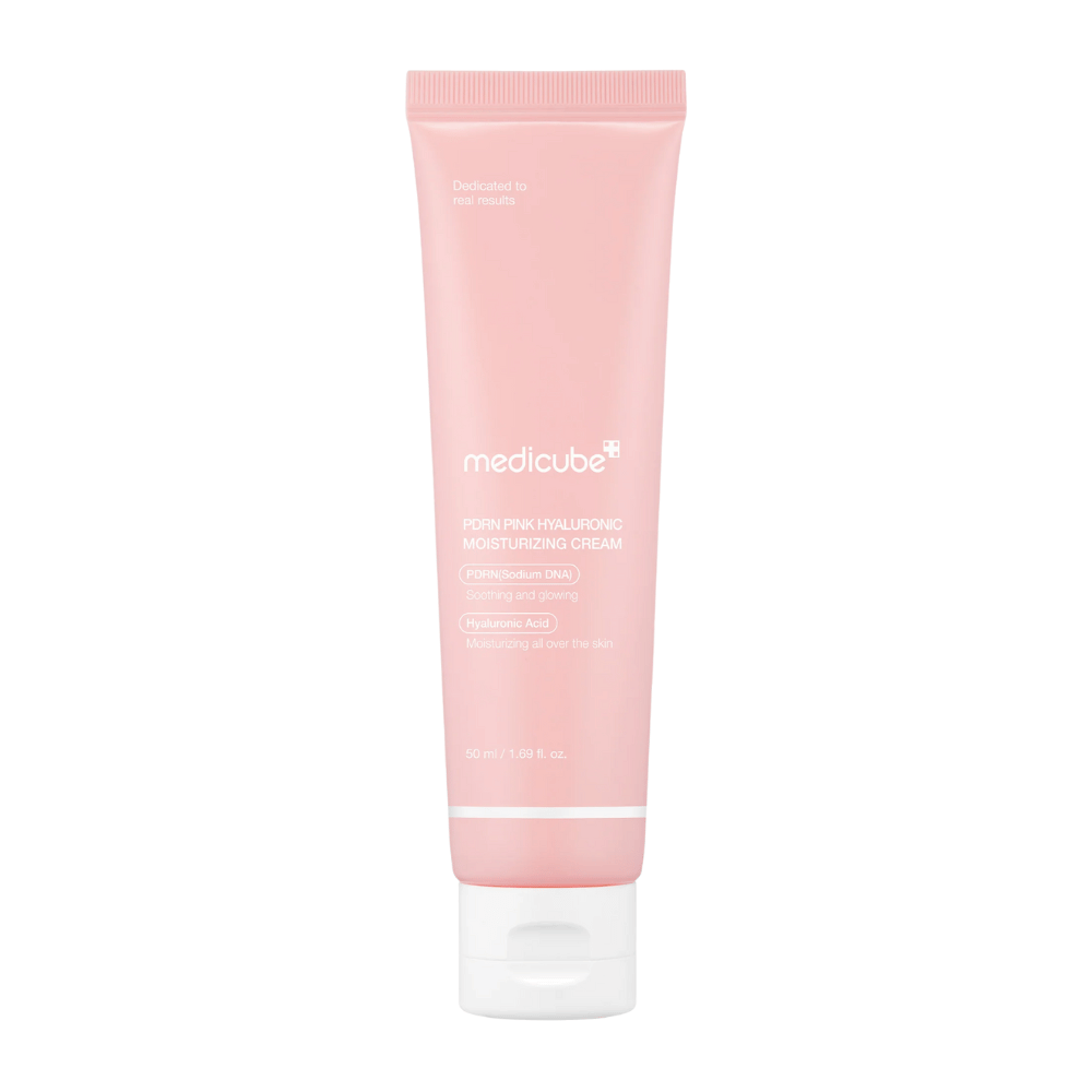 Medicube PDRN Crema idratante all'acido ialuronico rosa in tubo rosa con tappo bianco, una crema idratante arricchita con acido ialuronico e DNA di salmone PDRN.