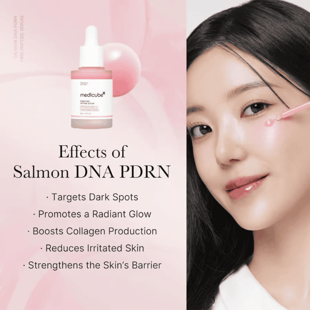 Medicube PDRN Pink Peptide Serum con DNA di salmone PDRN. La modella applica il siero rosa sulla guancia con una pipetta.