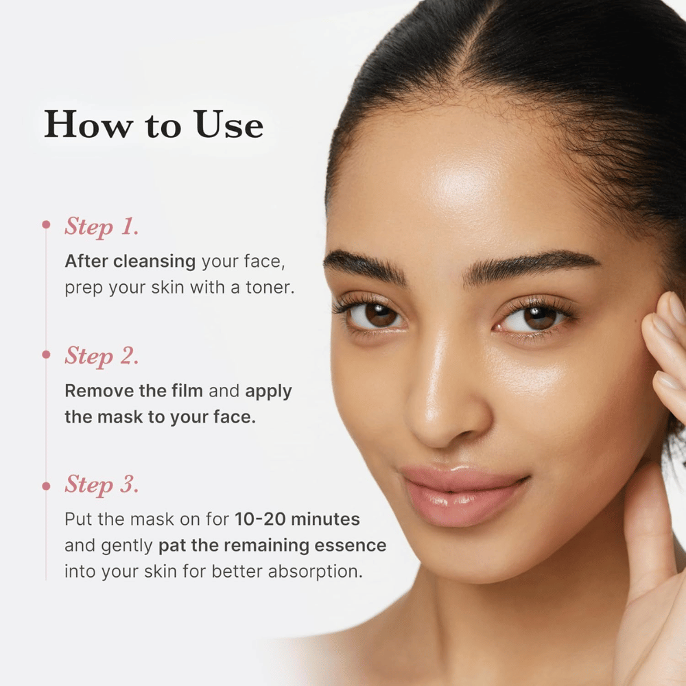 Immagine con istruzioni e modella – passo dopo passo su come usare la maschera in tessuto (detersione, applicazione, lasciare in posa 10–20 min).