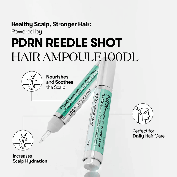 Presentazione del prodotto di PDRN Reedle Shot Hair Ampoule 100dL con focus su benefici come effetto lenitivo, aumento dell'idratazione del cuoio capelluto e cura quotidiana dei capelli.