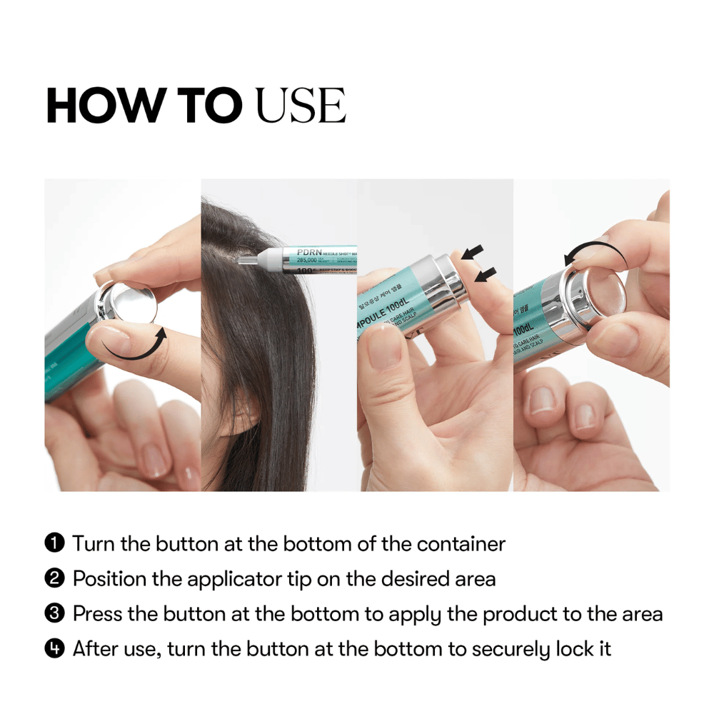 Immagine passo-passo che mostra come PDRN Reedle Shot Hair Ampoule 100dL viene applicato sul cuoio capelluto con funzione di torsione e pressione per un dosaggio preciso e igienico.
