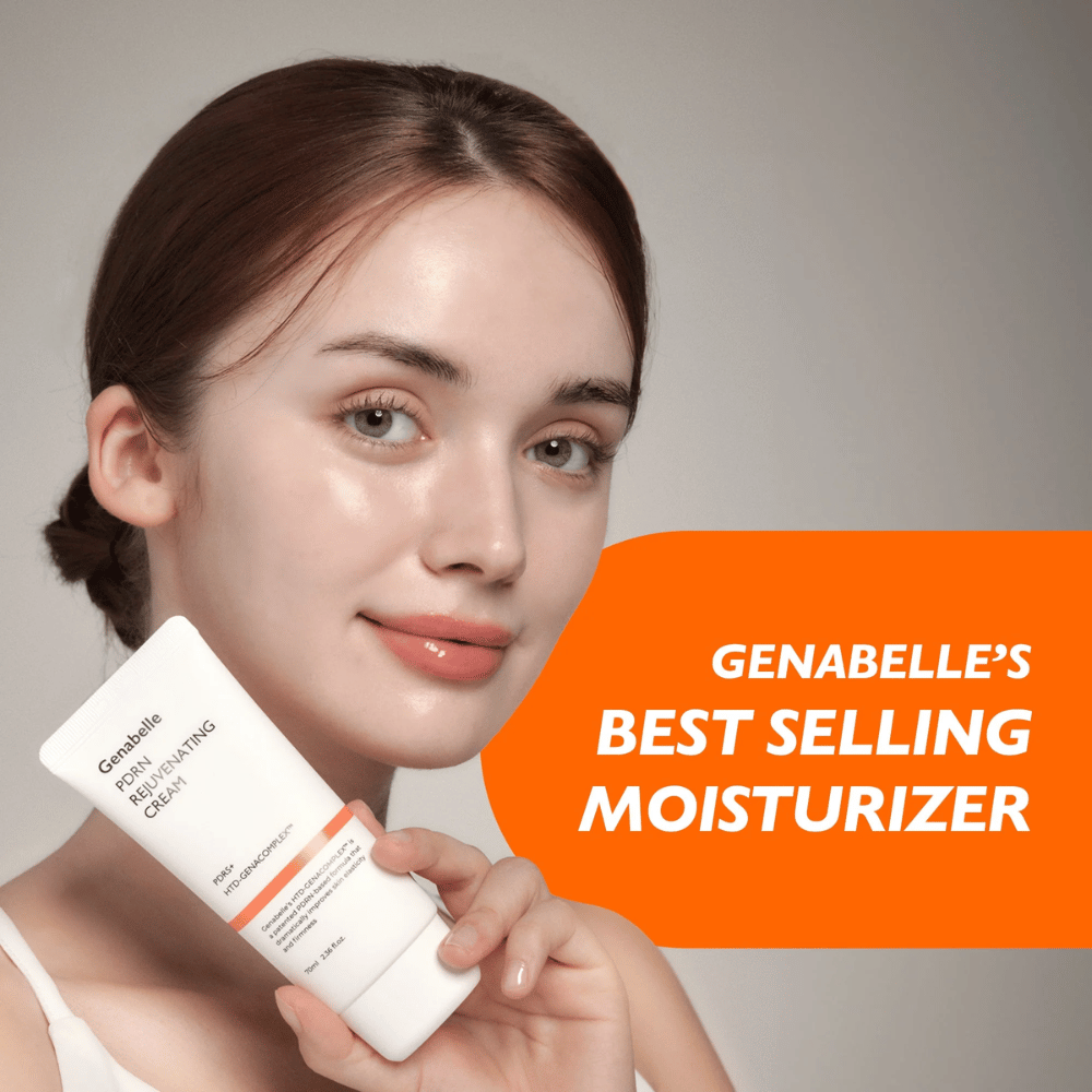 Una persona tiene in mano Genabelle PDRN Rejuvenating Cream davanti alla fotocamera. L'immagine mette in risalto il prodotto come una crema viso bestseller, con focus su idratazione, rinnovamento cutaneo e una pelle sana e luminosa.