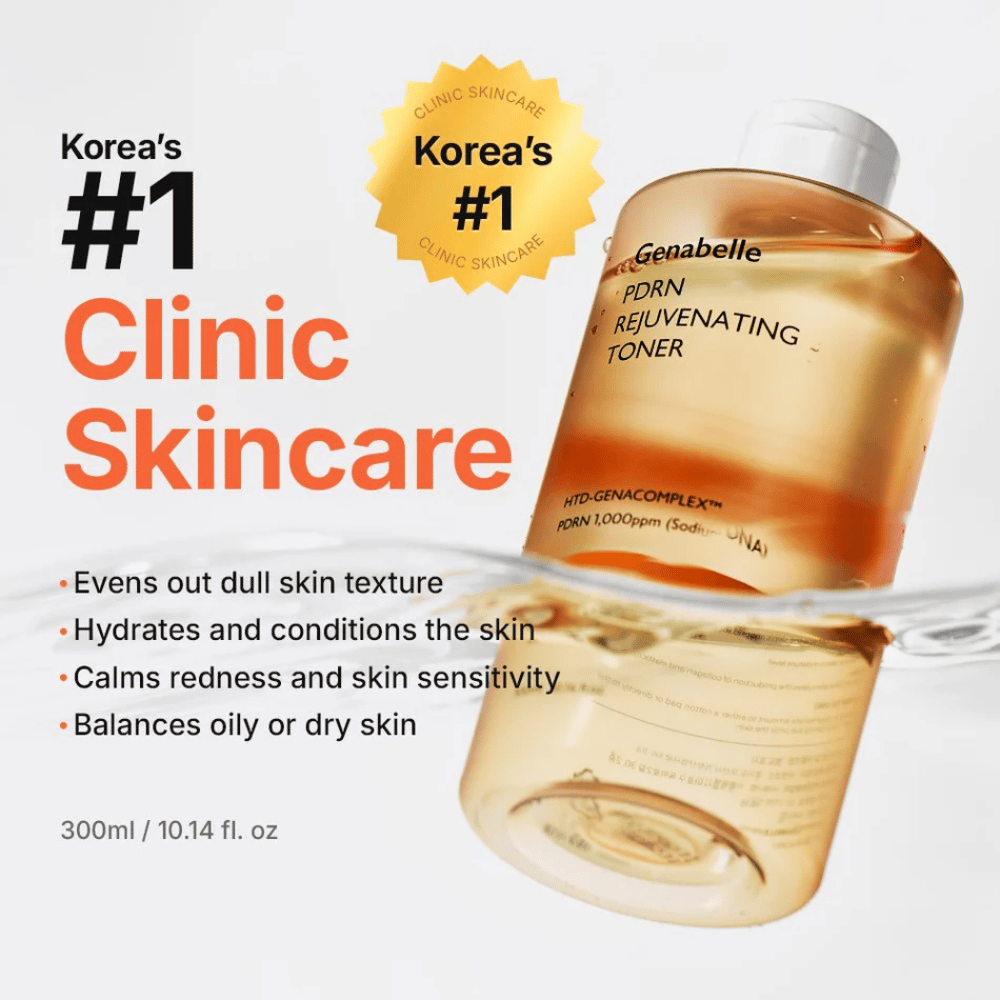 Genabelle PDRN Rejuvenating Toner che idrata la pelle, uniforma la grana della pelle, lenisce i rossori e aiuta a riequilibrare la pelle.