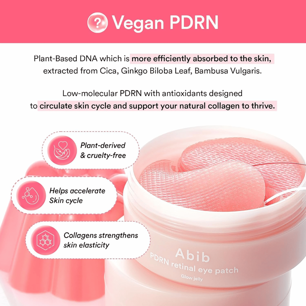 Abib PDRN Retinal Eye Patch Glow Jelly con PDRN vegano da estratti vegetali che rafforza l'elasticità della pelle, stimola il collagene e migliora la struttura della pelle.