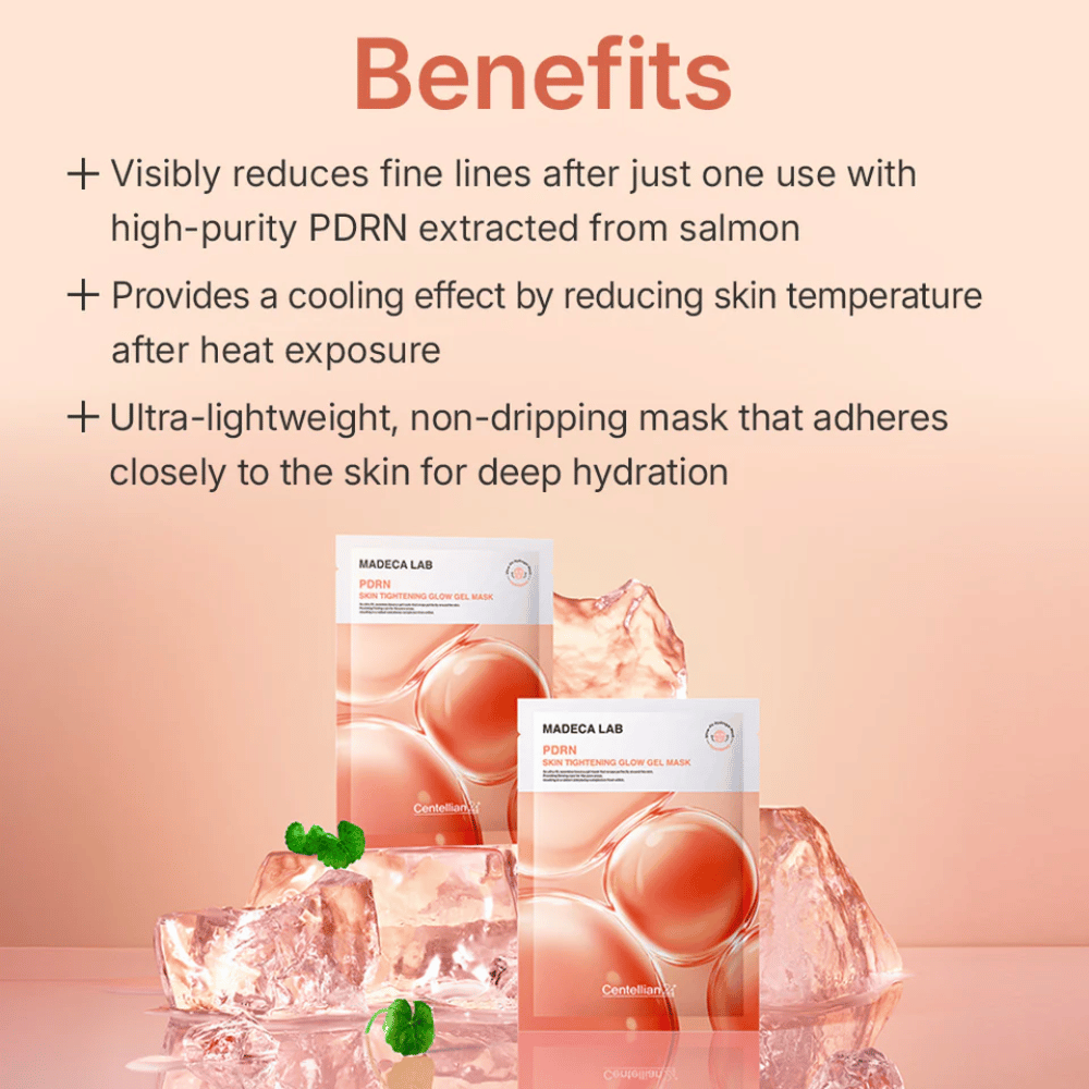 MADECA LAB PDRN Skin Tightening Glow Gel Mask – maschera gel rassodante con PDRN dal salmone che offre un effetto rinfrescante, idratazione intensa e pelle visibilmente più liscia.