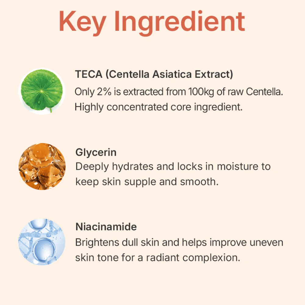 MADECA LAB PDRN Glow Gel Mask ingredienti chiave – TECA da Centella Asiatica, glicerina e niacinamide che calmano la pelle, idratano in profondità e migliorano il tono della pelle.
