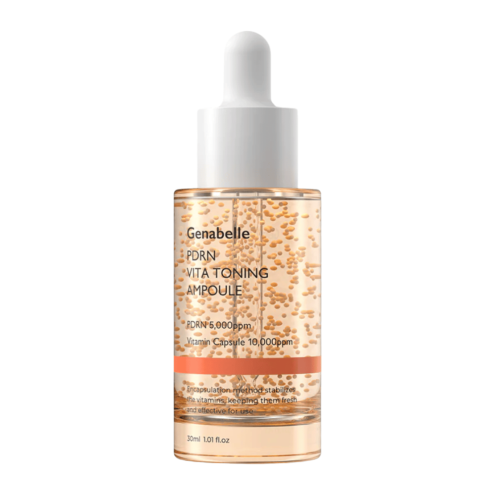 Immagine prodotto scontornata di Genabelle PDRN Vita Toning Ampoule in flacone di vetro trasparente con contagocce bianco e capsule vitaminiche visibili nella formula del siero.