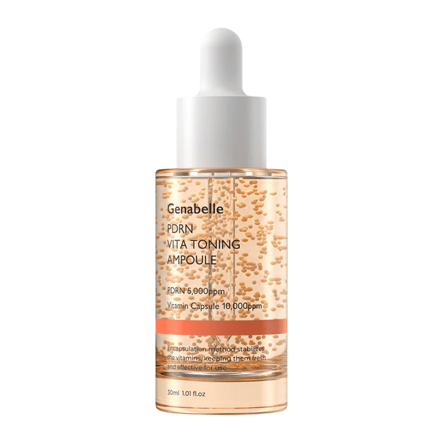 Immagine prodotto scontornata di Genabelle PDRN Vita Toning Ampoule in flacone di vetro trasparente con contagocce bianco e capsule vitaminiche visibili nella formula del siero.