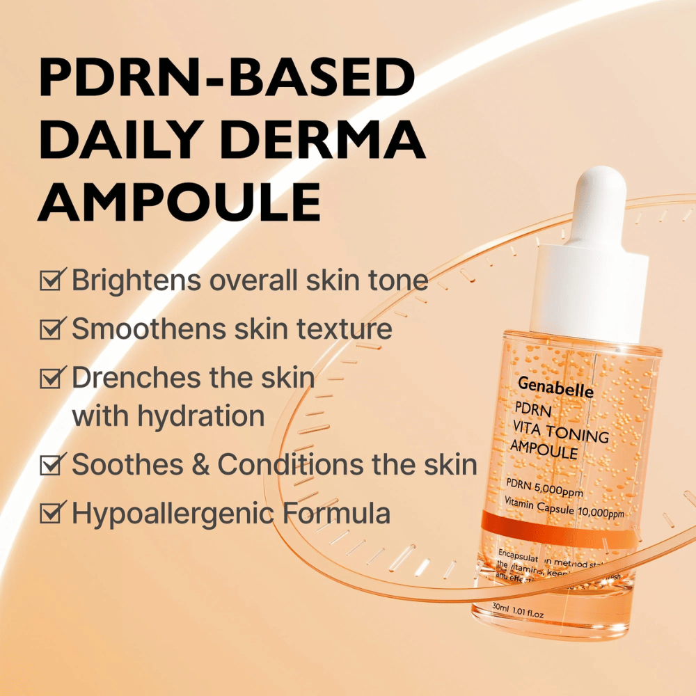 Immagine prodotto di Genabelle PDRN Vita Toning Ampoule con testo su idratazione, incarnato più uniforme e proprietà lenitive per la pelle sensibile con formula ipoallergenica.