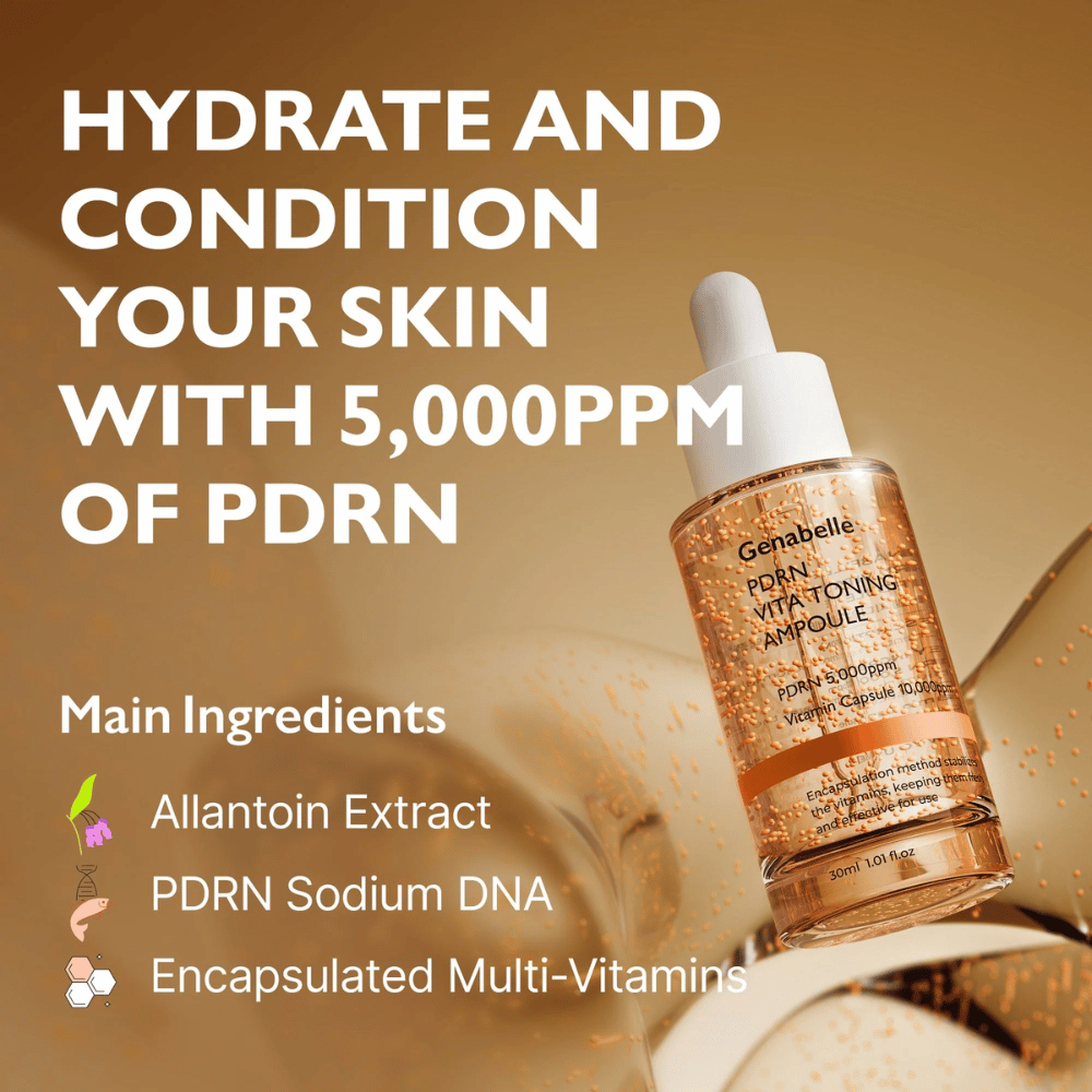 Immagine promozionale per Genabelle PDRN Vita Toning Ampoule con focus su idratazione e PDRN 5000 ppm, oltre a ingredienti come capsule vitaminiche e Sodium DNA per glow e cura della pelle.
