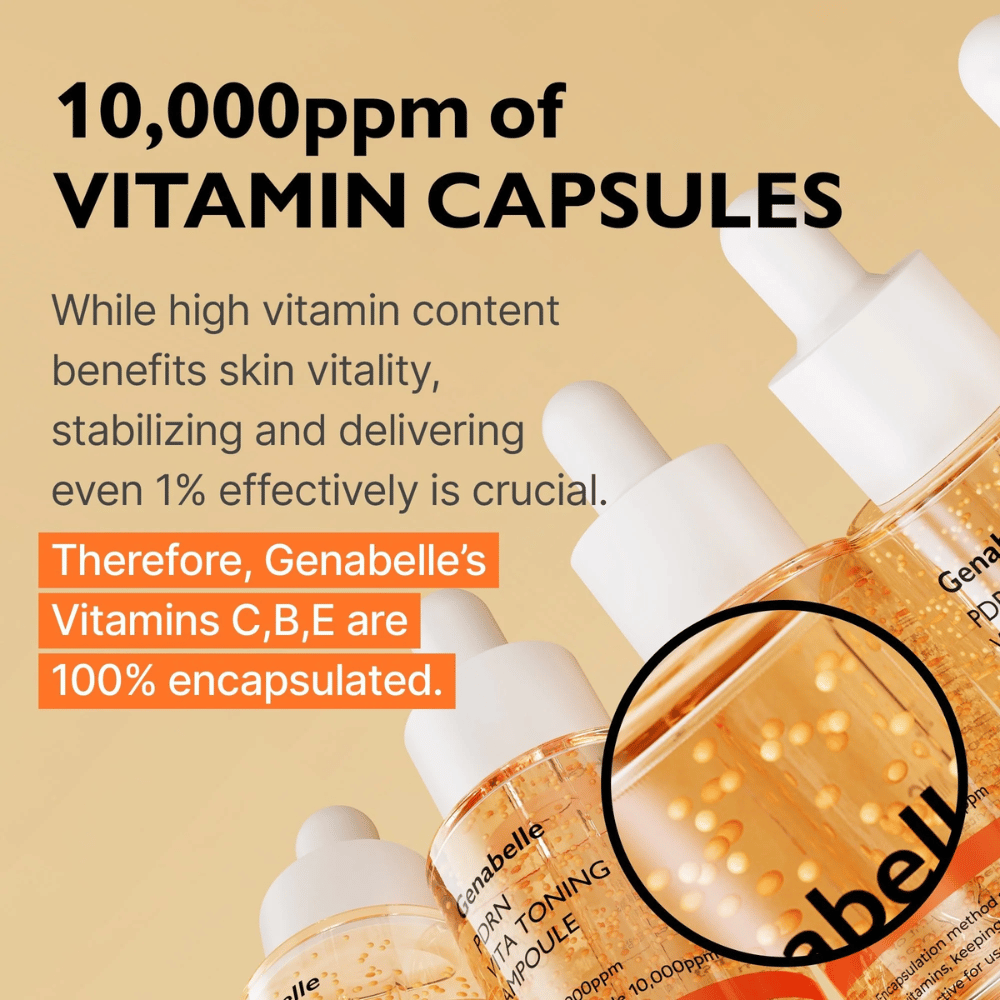 Genabelle PDRN Vita Toning Ampoule con vitamine incapsulate nel siero che evidenziano una formula illuminante con vitamina C, B ed E per glow e vitalità della pelle.