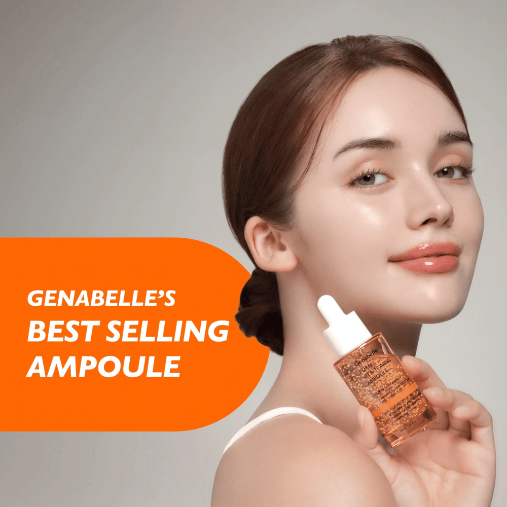 Una modella tiene Genabelle PDRN Vita Toning Ampoule accanto al viso con focus su glow, luminosità e pelle idratata da un siero coreano con capsule vitaminiche e PDRN.