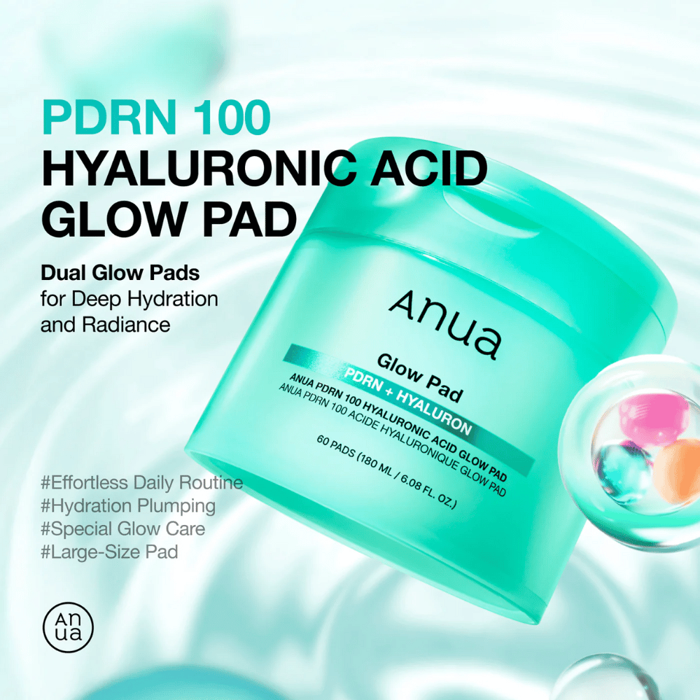 Anua PDRN 100 Hyaluronic Acid Glow Pad in barattolo turchese con testo che enfatizza idratazione, luminosità e dimensione grande dei pad – progettato per idratazione quotidiana e lucentezza.