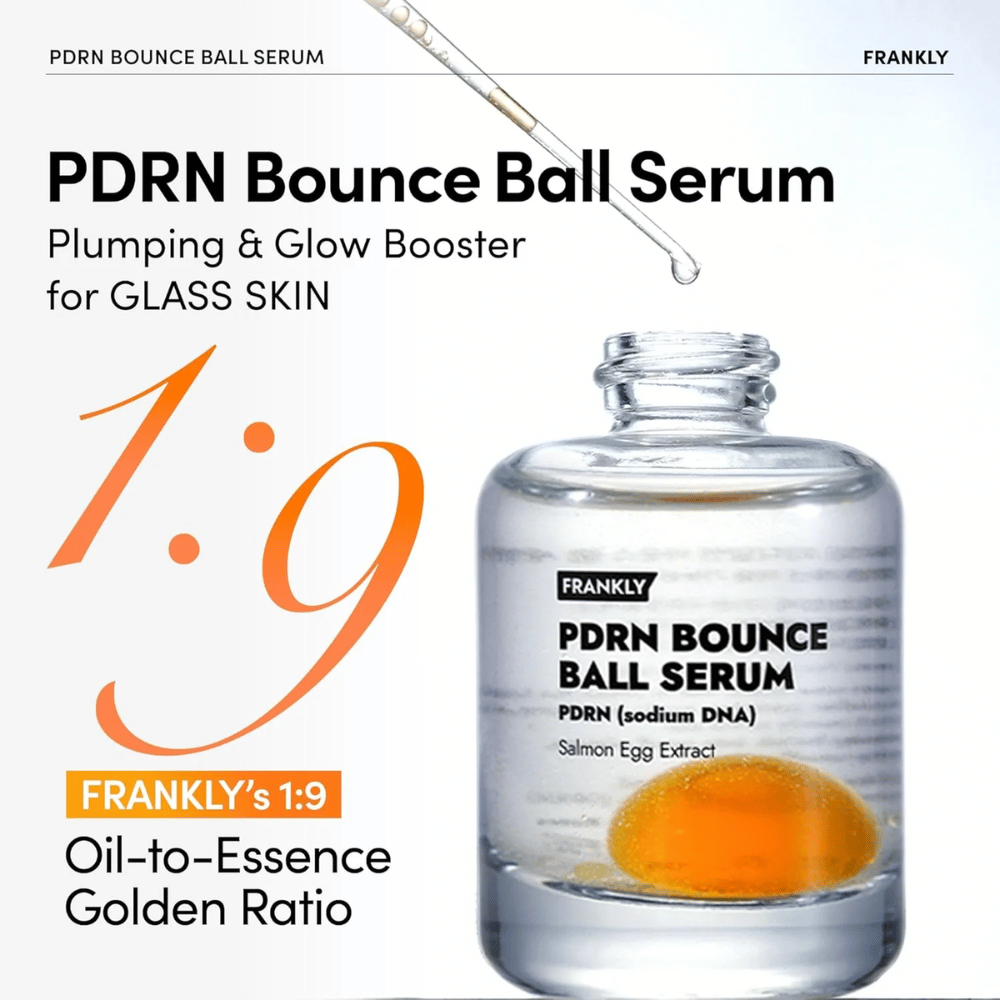FRANKLY PDRN Bounce Ball Serum – siero idratante e rassodante con un rapporto unico di olio-essenza di 1:9 per un effetto pelle di vetro.