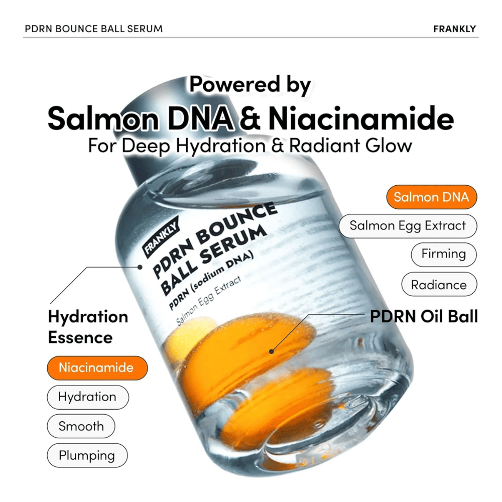 FRANKLY PDRN Bounce Ball Serum con DNA di salmone e niacinamide – idratazione profonda, elasticità e luminosità radiosa.