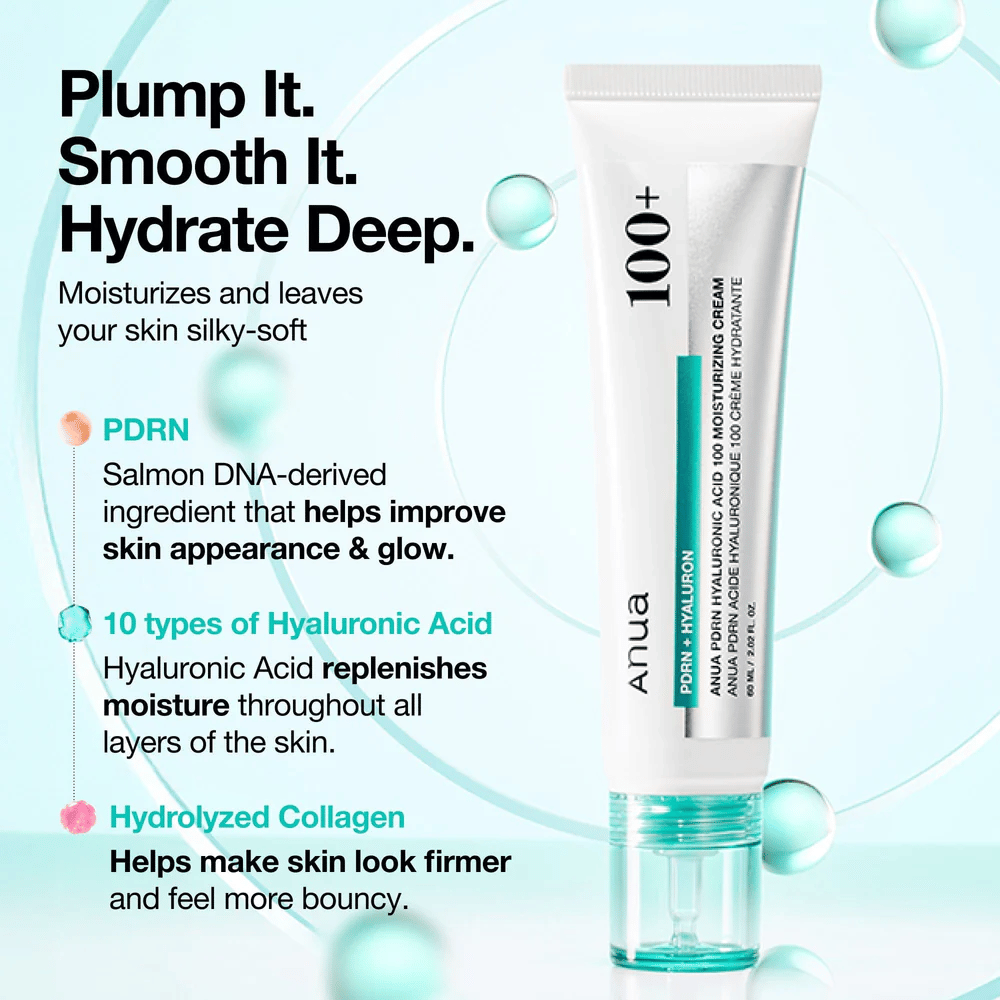 Anua PDRN Hyaluronic Acid 100 Moisturizing Cream con acido ialuronico, PDRN e collagene - idrata, uniforma e rinforza la pelle.