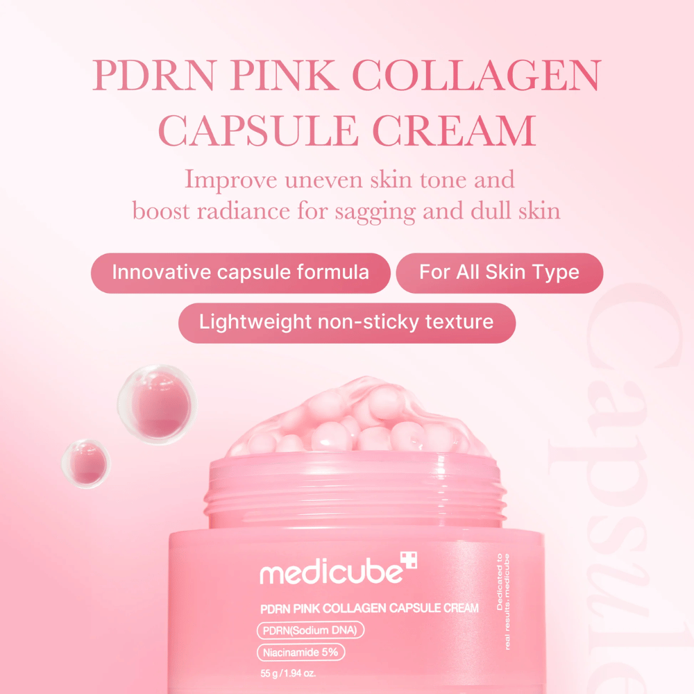 Barattolo rosa con Medicube PDRN Pink Collagen Capsule Cream, circondato da bolle simili a capsule e testo che evidenzia le proprietà della crema per tono della pelle irregolare, luminosità e tutti i tipi di pelle.