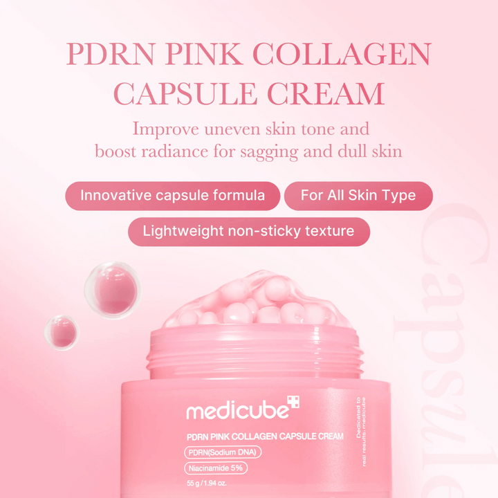 Barattolo rosa con Medicube PDRN Pink Collagen Capsule Cream, circondato da bolle simili a capsule e testo che evidenzia le proprietà della crema per tono della pelle irregolare, luminosità e tutti i tipi di pelle.
