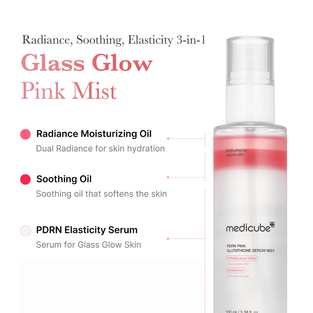 Immagine del prodotto di Medicube PDRN Pink Glutathione Serum Mist con tre strati: olio idratante, olio lenitivo e siero PDRN per luminosità, elasticità e pelle morbida.