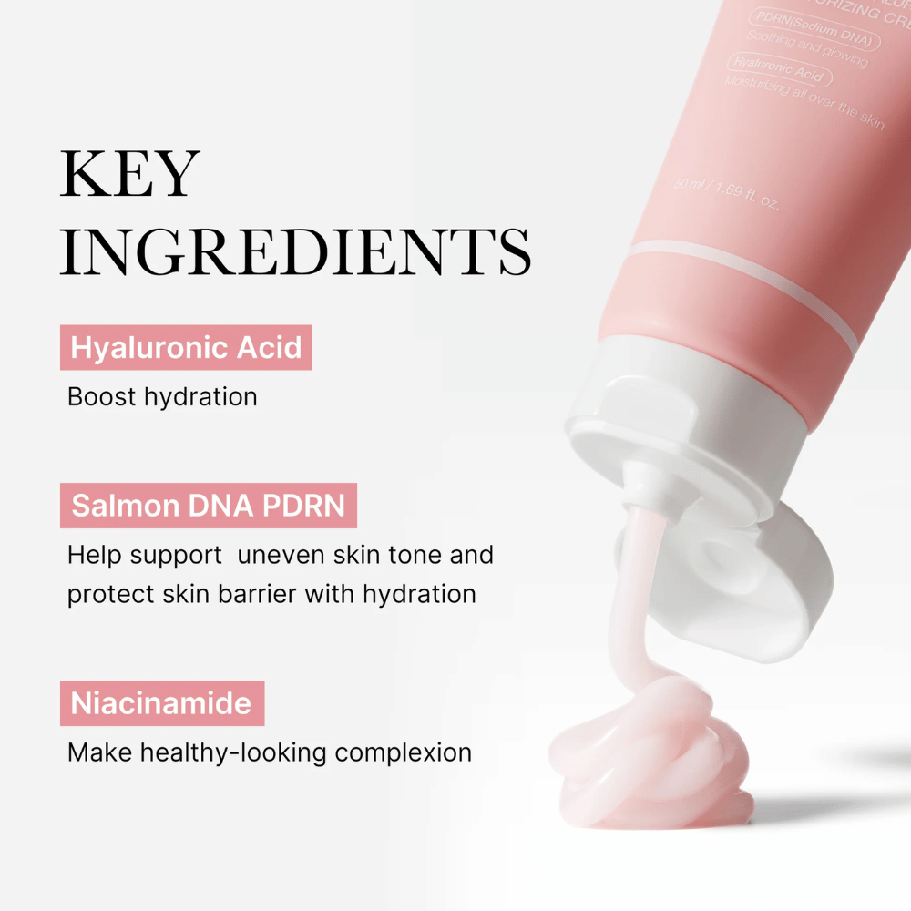 Medicube PDRN Crema idratante all'acido ialuronico rosa con ingredienti chiave come acido ialuronico, DNA di salmone PDRN e niacinamide, mostrata con crema rosa dal tubo.