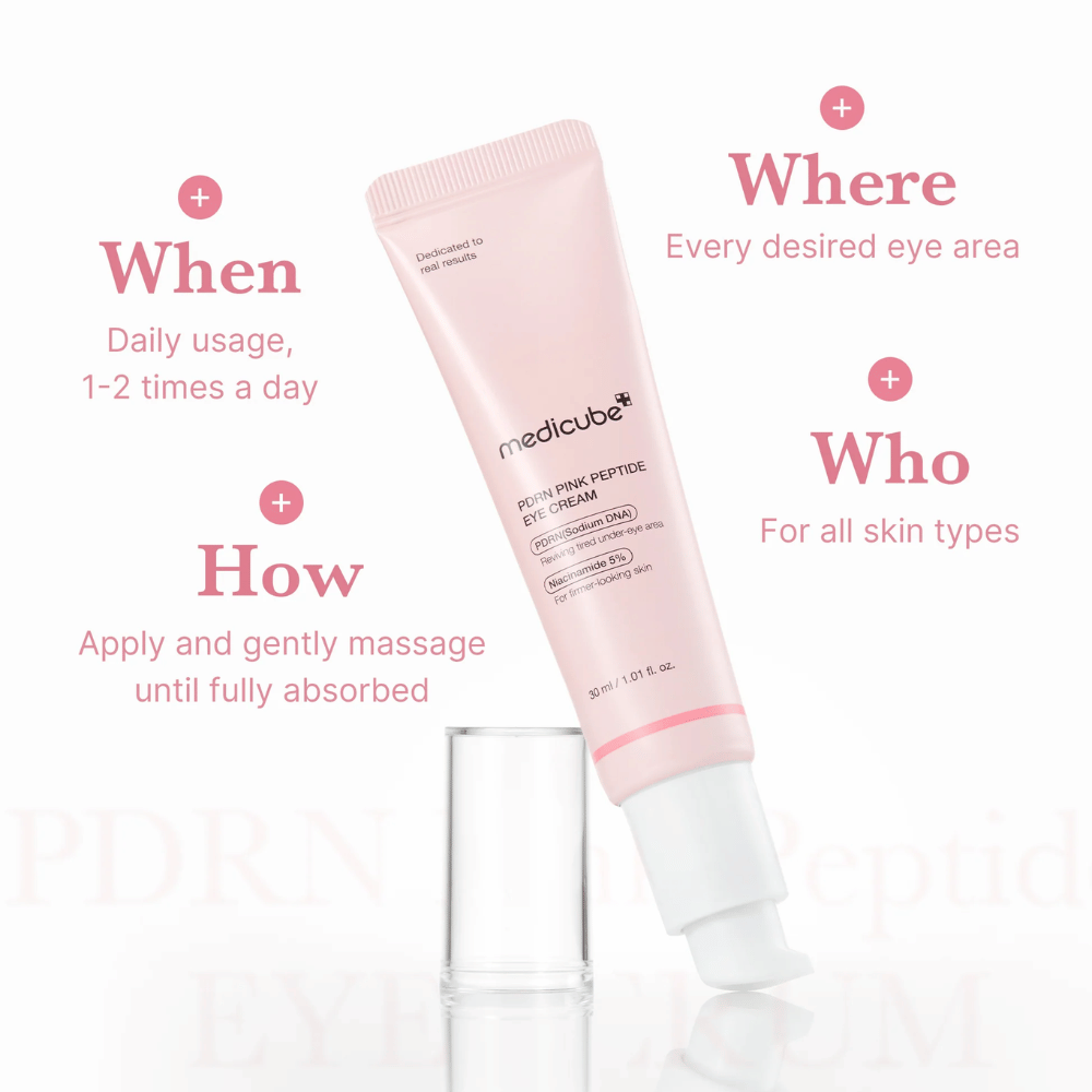 Medicube PDRN Pink Peptide Eye Cream, tubetto da 30 ml. Crema contorno occhi con PDRN e 5% di niacinamide. Usare 1-2 volte al giorno intorno agli occhi. Adatto a tutti i tipi di pelle.