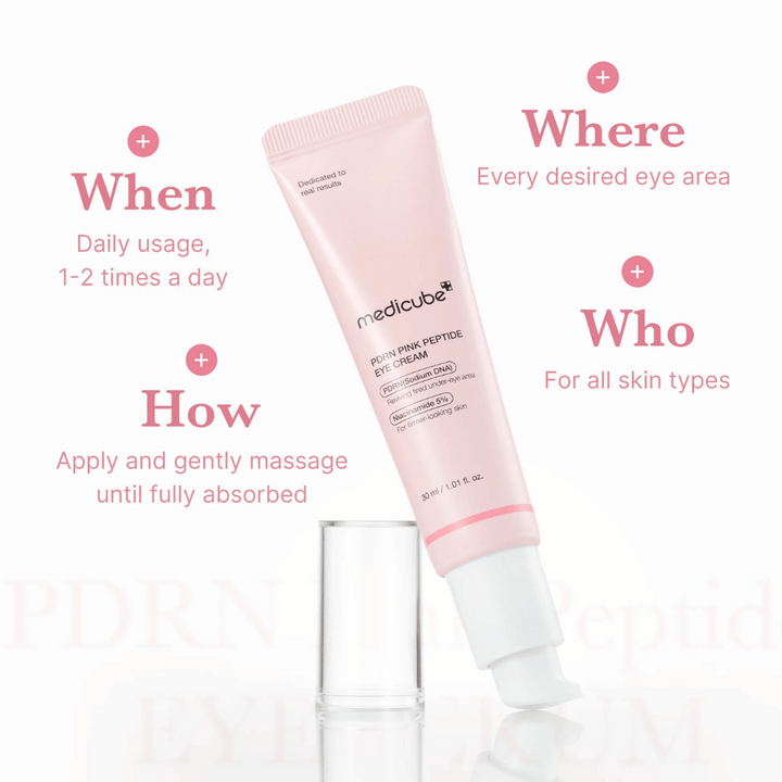 Medicube PDRN Pink Peptide Eye Cream, 30 ml tub. Ögonkräm med PDRN och 5 % niacinamid. Används 1–2 gånger dagligen runt ögonen. Passar alla hudtyper.