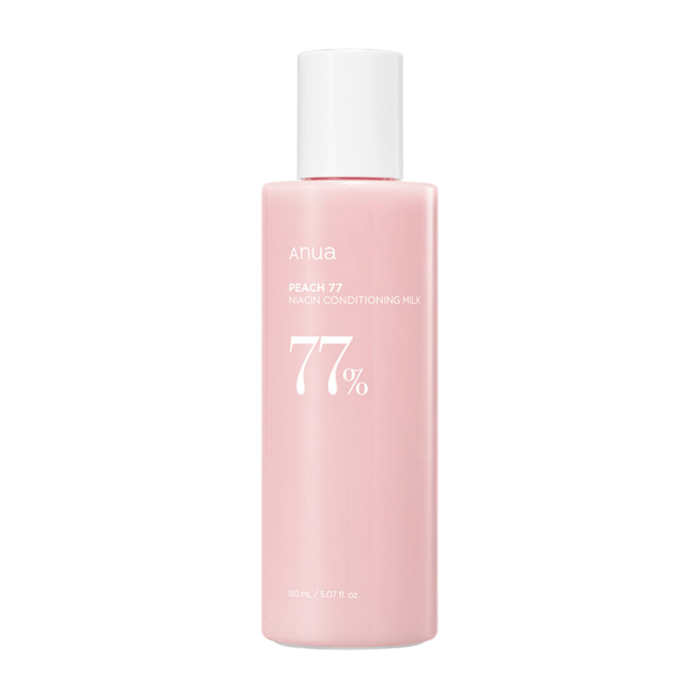 L'immagine mostra ANUA Peach 77% Niacin Conditioning Milk, un prodotto per la cura della pelle che contiene il 77% di pesca e niacinamide per migliorare la condizione della pelle.