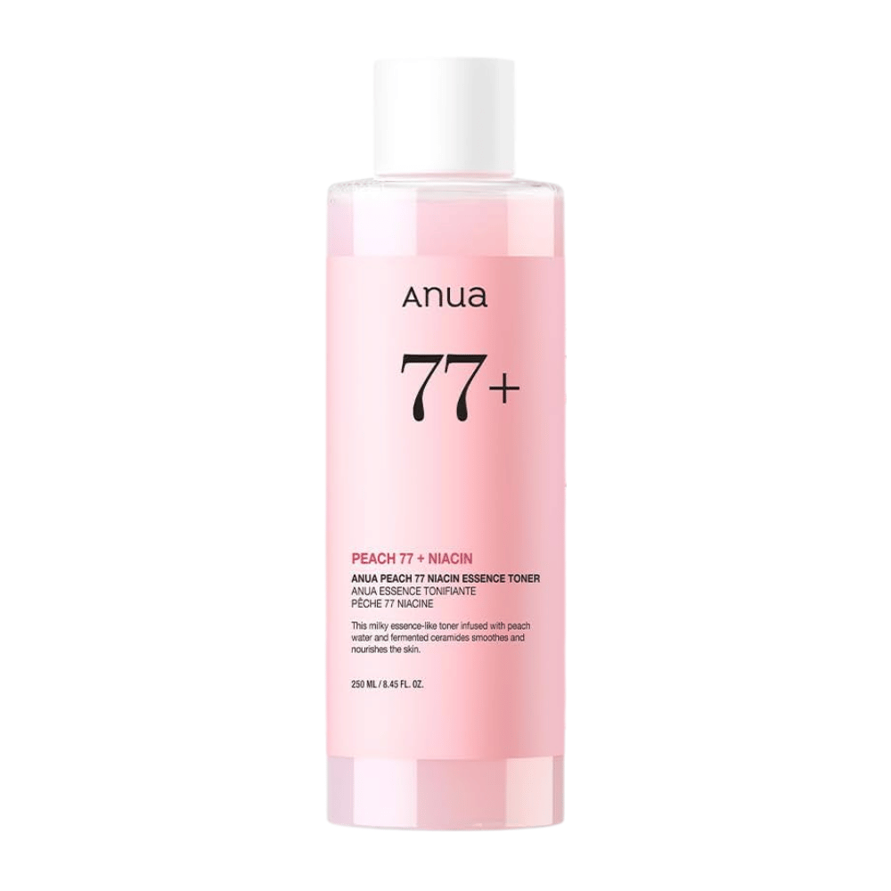 Anua Peach 77 Niacin Essence Toner in una bottiglia rosa trasparente con tappo bianco, contenente 250 ml di latte tonico viso per un tono di pelle più uniforme e luminosità.