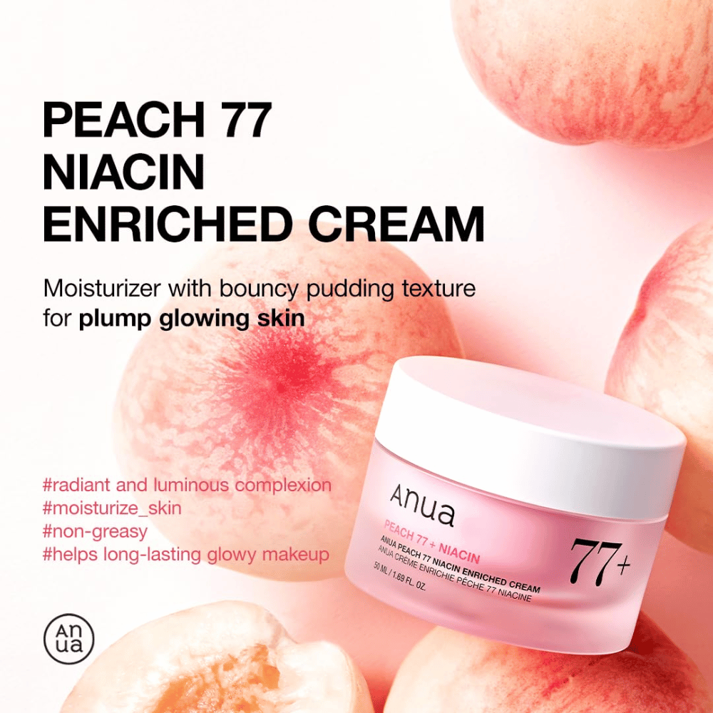 Anua Peach 77% Niacin Enriched Cream – crema idratante simile a un budino che dona luminosità e pienezza con il 77% di estratto di pesca.