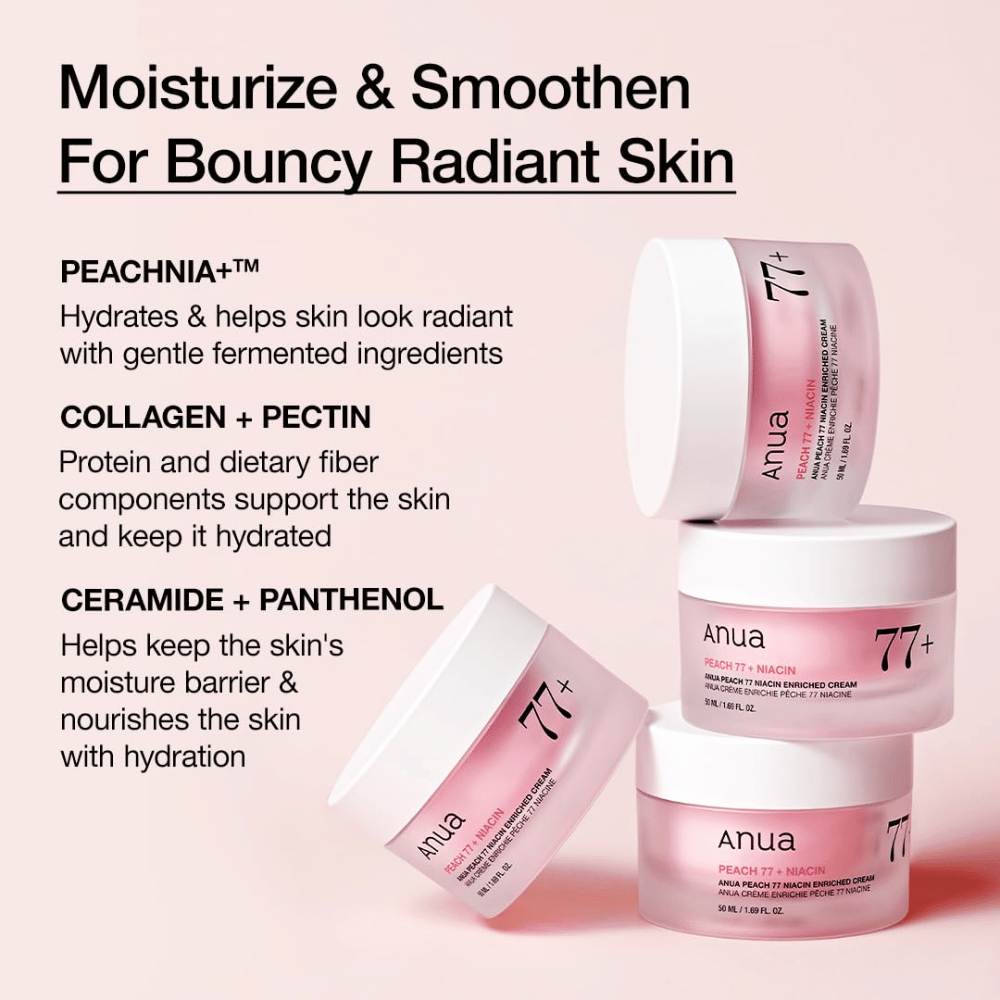 Anua Peach 77% Niacin Enriched Cream con PEACHNIA™, collagene, pectina, ceramide e pantenolo per una pelle idratata e morbida.