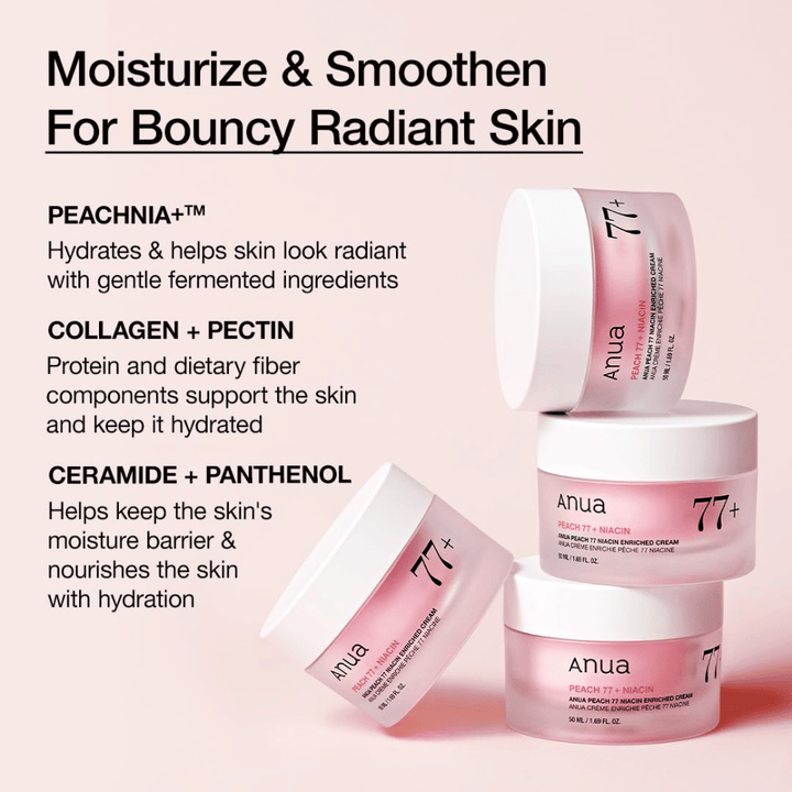 Anua Peach 77% Niacin Enriched Cream con PEACHNIA™, collagene, pectina, ceramide e pantenolo per una pelle idratata e morbida.