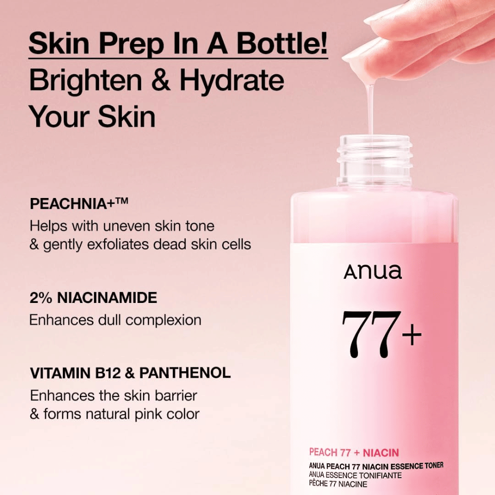 Anua Peach 77 Niacin Essence Toner in bottiglia rosa, con testo che evidenzia PEACHNIA+, 2 % niacinamide oltre a vitamina B12 e pantenolo per illuminare la pelle e rafforzare la barriera.