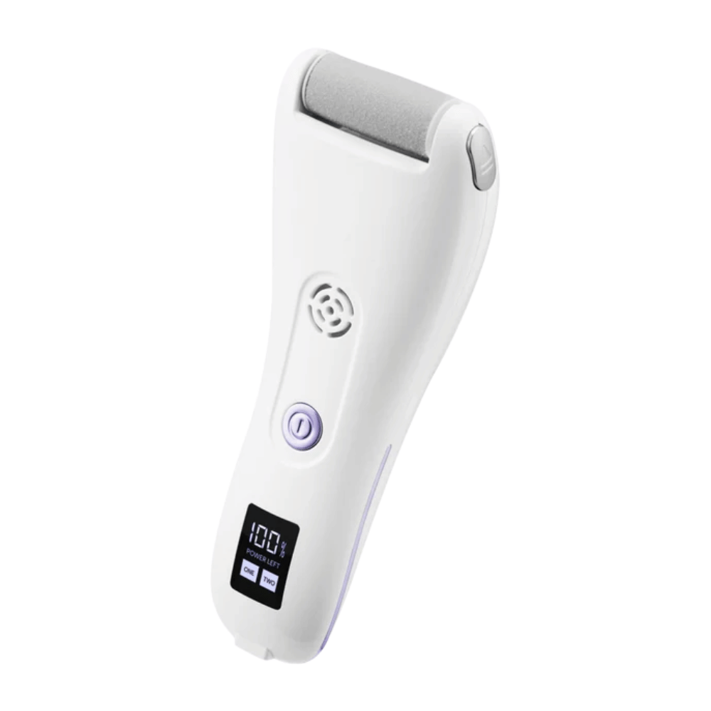 9. BAREN Pedi Mate Dual Power Vacuum Type Electric Callus Remover – lima elettrica per piedi ricaricabile bianca con display digitale e dettagli viola