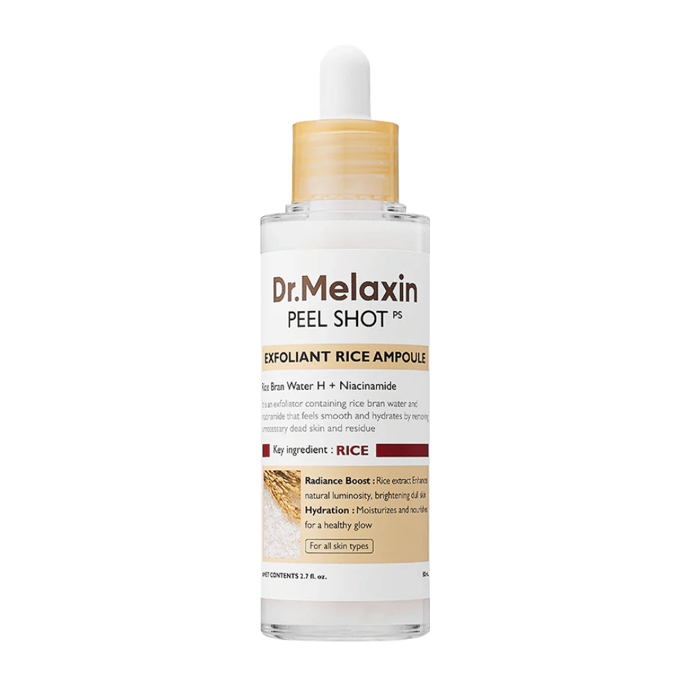 Dr.Melaxin Peel Shot Exfoliant Rice Ampoule in pieno contro sfondo bianco, siero esfoliante per il viso con estratto di riso e niacinamide per un tono della pelle più uniforme e maggiore luminosità.