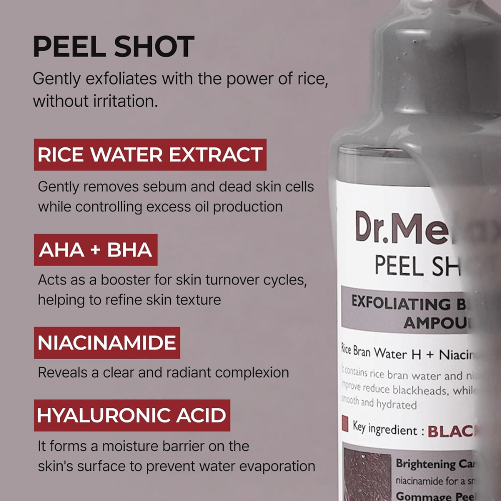 Dr.Melaxin Peel Shot Black Rice Ampoule con estratto di acqua di riso, AHA BHA, niacinamide e acido ialuronico per esfoliazione e affinamento dei pori