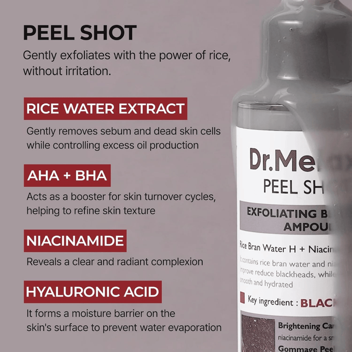 Dr.Melaxin Peel Shot Black Rice Ampoule con estratto di acqua di riso, AHA BHA, niacinamide e acido ialuronico per esfoliazione e affinamento dei pori