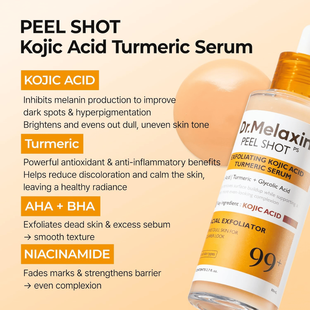 Siero esfoliante con acido cogico e curcuma da massaggiare sulla pelle per ridurre l'iperpigmentazione e donare luminosità