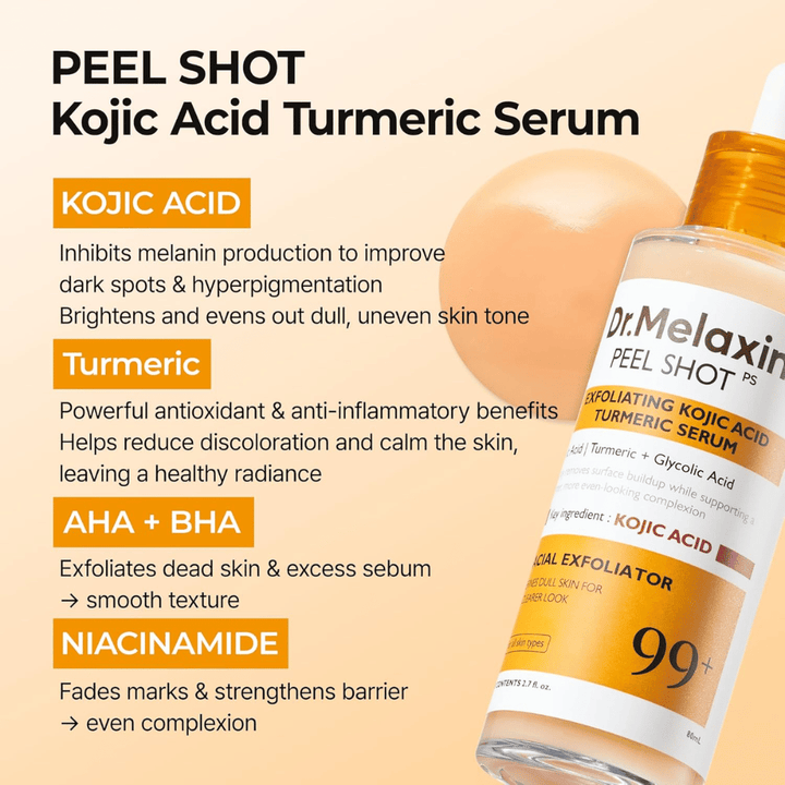 Siero esfoliante con acido cogico e curcuma da massaggiare sulla pelle per ridurre l'iperpigmentazione e donare luminosità