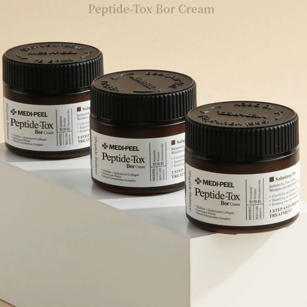 MEDI-PEEL Peptide-Tox Bor Cream in gruppo – crema viso anti-età con complesso di peptidi e collagene che rafforza la barriera cutanea e rende la pelle più soda e tonica.