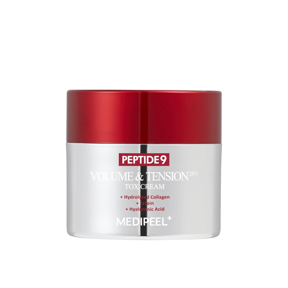 MEDI-PEEL Peptide 9 Volume & Tension Tox Cream in barattolo d'argento con coperchio rosso. Una crema anti-età con peptidi e collagene che rafforza l'elasticità della pelle.