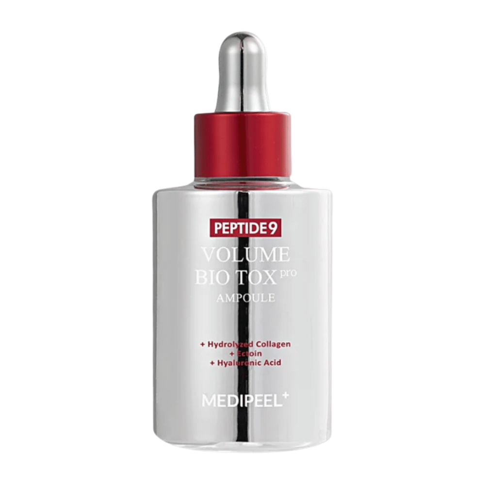 MEDI-PEEL Peptide 9 Volume Bio Tox Pro Ampoule in bottiglia d'argento con pipetta rossa. Un siero anti-età che dona elasticità, volume e idratazione intensa.