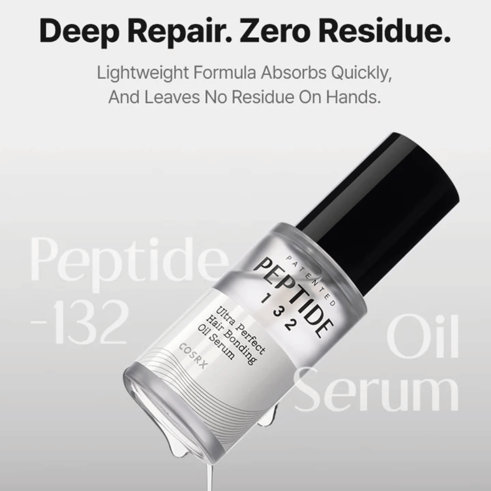 COSRX Peptide 132 Oil Serum – formula leggera che si assorbe rapidamente e ripara i capelli senza lasciare residui.