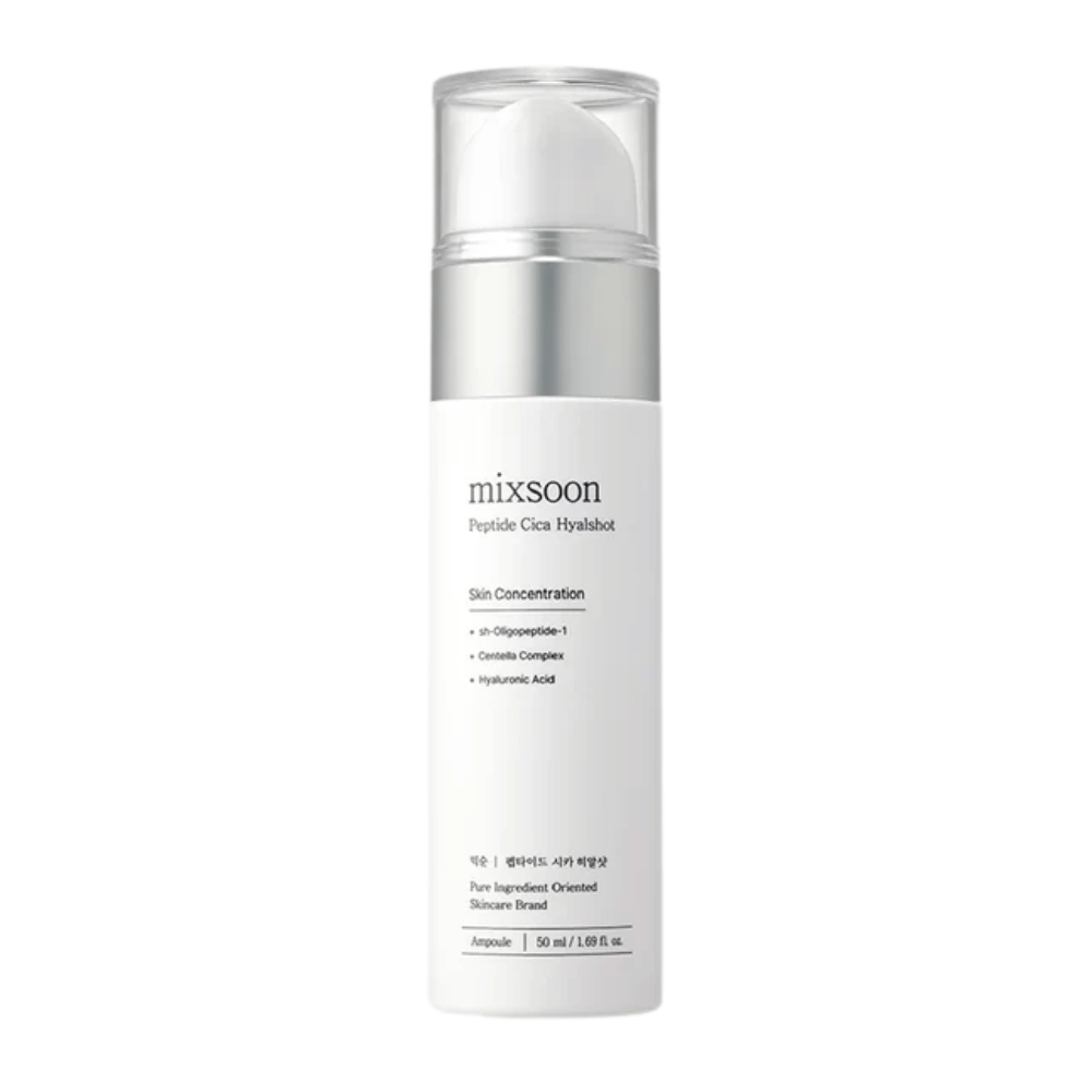 Mixsoon Peptide Cica Hyalshot – siero idratante con centella e acido ialuronico in una elegante bottiglia bianca con dettagli in argento. Adatto per pelli sensibili e aiuta a rafforzare la barriera cutanea.