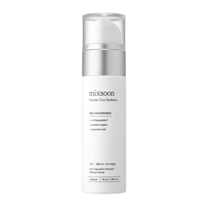 Mixsoon Peptide Cica Hyalshot – fuktgivande serum med centella och hyaluronsyra i stilren vit flaska med silverdetaljer. Passar känslig hud och bidrar till att stärka hudbarriären.