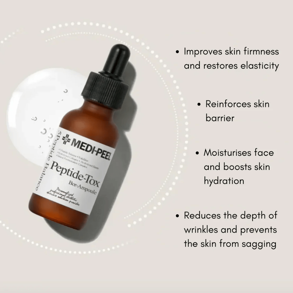MEDI-PEEL Peptide-Tox Bor Ampoule – siero per il viso coreano con peptidi che migliora la compattezza della pelle, rafforza la barriera cutanea, idrata in profondità e riduce le rughe visibili.
