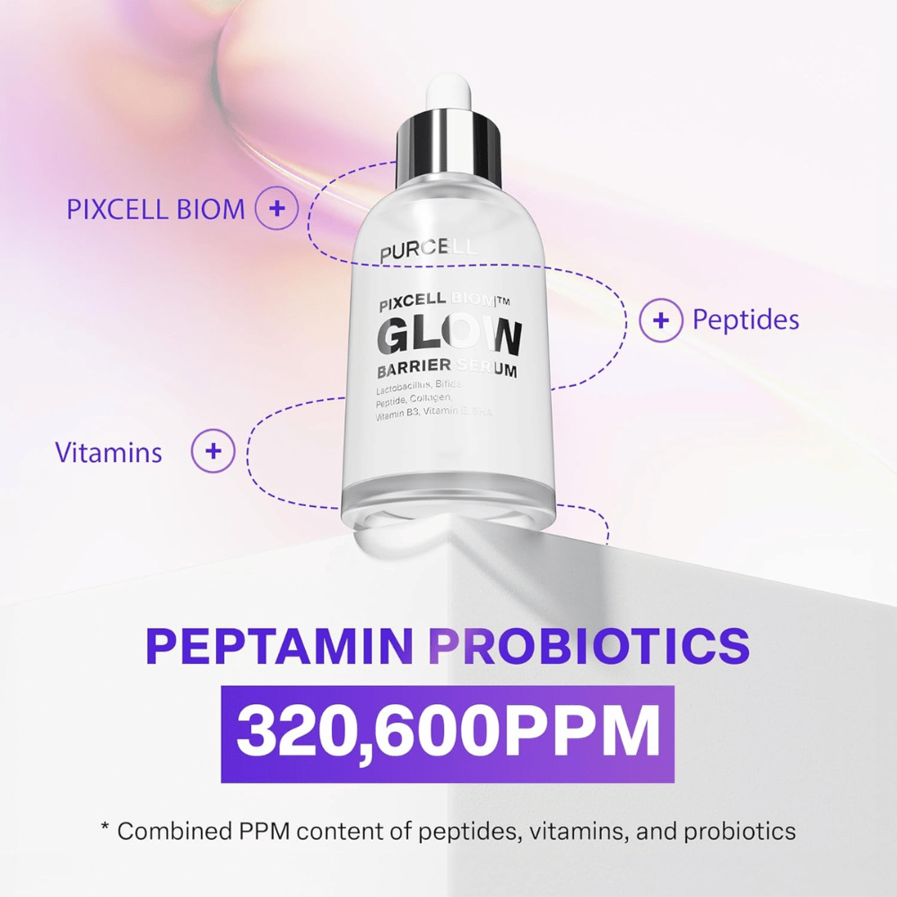 PURCELL Pixcell Biom Glow Barrier Serum con Peptamin Probiotics 320 600 PPM - combinazione di peptidi, vitamine e probiotici.