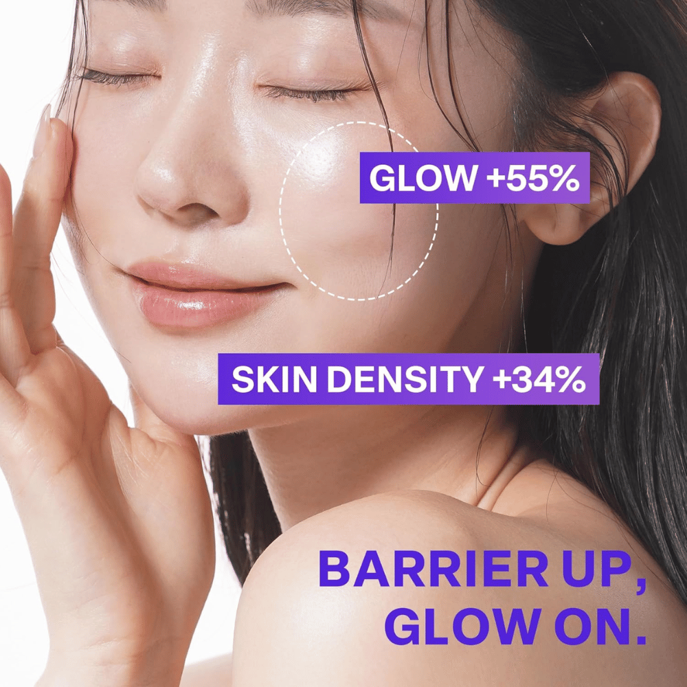 Primo piano di donna con pelle luminosa dopo l'uso di PURCELL Pixcell Biom Glow Barrier Serum. La luminosità della pelle aumenta del 55% e la densità del 34%.