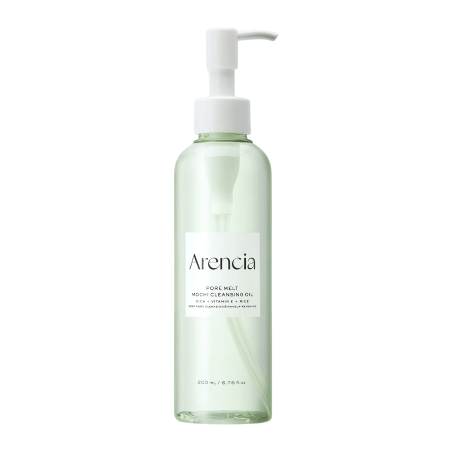 Arencia Pore Melt Mochi Cleansing Oil in vista completa su sfondo bianco, detergente a base di olio coreano con flacone a pompa che pulisce i pori e rimuove il trucco senza irritazioni.